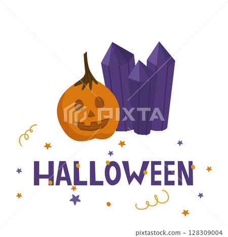 The inscription "Halloween" with a pumpkin and crystals. Vector illustration isolated on a white background. For design, decoration, postcards 128309004