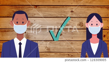 Business professionals wearing masks standing with check mark on wooden background Business professionals wearing masks standing with check mark on wooden background 128309005