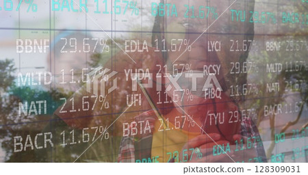 Analyzing stock market data on transparent screen, person wearing mask focused 128309031