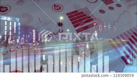 Image of a digital interface with graphs and statistics and Coronavirus cells spreading over timelap 128309059