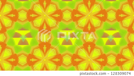 Image of kaleidoscopic colourful orange, yellow and green shapes moving hypnotically in a seamless l Image of kaleidoscopic colourful orange, yellow and green shapes moving hypnotically in a seamless l 128309074