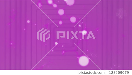 Image of networks of connected white spots floating on a background of pink concentric squares Image of networks of connected white spots floating on a background of pink concentric squares 128309079