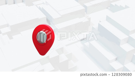 Image of a single GPS location marker floating over a background of moving grey blocks Image of a single GPS location marker floating over a background of moving grey blocks 128309080
