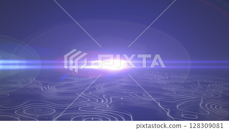 Image of bright white light and light beams on horizon over wavy lines moving across a dark blue bac Image of bright white light and light beams on horizon over wavy lines moving across a dark blue bac 128309081