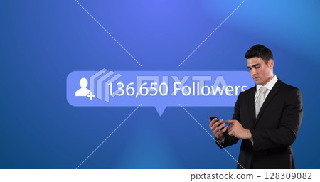Image of digital interface Followers text and people icon with growing numbers on blue speech bubble 128309082