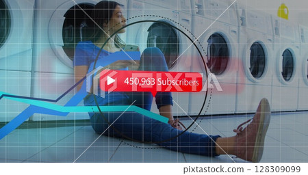 Image of digital interface Subscribers text with growing numbers on red speech bubble and blue lines Image of digital interface Subscribers text with growing numbers on red speech bubble and blue lines 128309099