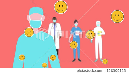 Image of multiple heart eyes face emojis floating against health workers wearing face masks on orang Image of multiple heart eyes face emojis floating against health workers wearing face masks on orang 128309113