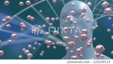 Image of human head model with Covid 19 cells floating and DNA strand spinning Image of human head model with Covid 19 cells floating and DNA strand spinning 128309114