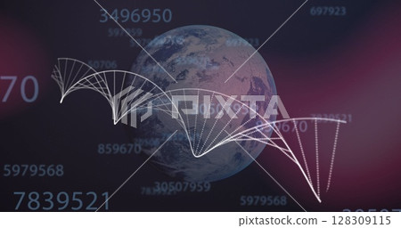 Image of 3d DNA strand spinning over globe and changing numbers Image of 3d DNA strand spinning over globe and changing numbers 128309115