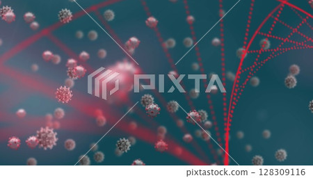 Image of human head model with Covid 19 cells floating and red DNA strand spinning on green backgrou 128309116