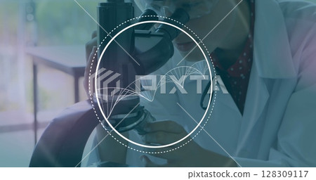 Image of 3d DNA strand spinning with scope and female scientist using microscope in laboratory 128309117