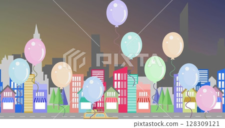 Image of multiple colourful balloons floating over modern cityscape moving on seamless loop in the b Image of multiple colourful balloons floating over modern cityscape moving on seamless loop in the b 128309121