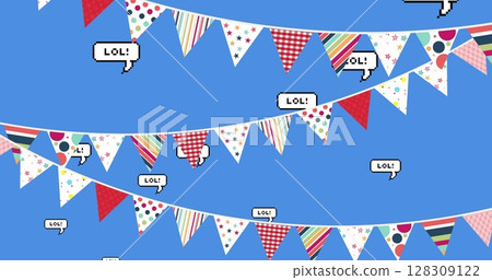 Image of multiple LOL text speech bubbles floating with colourful bunting on blue background Image of multiple LOL text speech bubbles floating with colourful bunting on blue background 128309122
