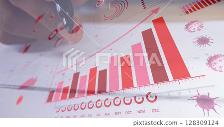 Image of Covid 19 cells and statistics showing cases over person holding black marker 128309124
