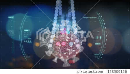 Image of Covid 19 cell and scope scanning over out of focus traffic and city lights 128309136