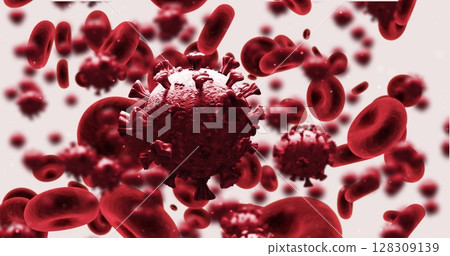 Image of 3D red macro coronavirus and red blood cells spinning on white background 128309139