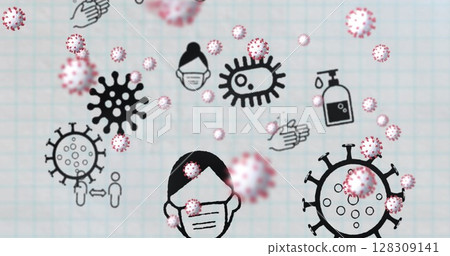 Image of Covid 19 cells and icons floating over white squared paper Image of Covid 19 cells and icons floating over white squared paper 128309141
