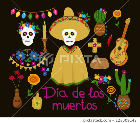 Day of the dead. Colorful set for a Mexican holiday. Vector illustration. For design, postcards, 128309142