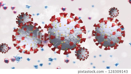 Image of 3D macro coronavirus cells spinning on white background 128309143