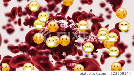 Image of 3D macro coronavirus and red blood cells with emoji icons wearing face masks on pink backgr Image of 3D macro coronavirus and red blood cells with emoji icons wearing face masks on pink backgr 128309144