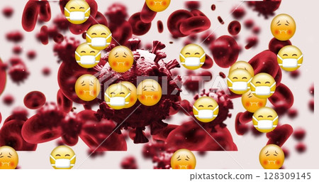 Image of 3D macro coronavirus and red blood cells with emoji icons wearing face masks on pink backgr Image of 3D macro coronavirus and red blood cells with emoji icons wearing face masks on pink backgr 128309145
