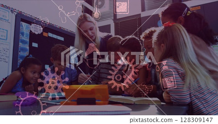 Image of Covid 19 cells and icons floating over schoolchildren with their female teacher in class 128309147