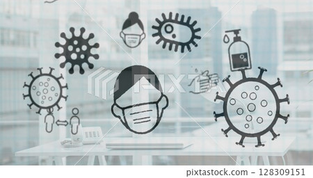 Image of multiple Covid 19 coronavirus icons moving over cityscape in the background 128309151