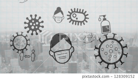 Image of multiple Covid 19 coronavirus icons moving over cityscape in the background Image of multiple Covid 19 coronavirus icons moving over cityscape in the background 128309152