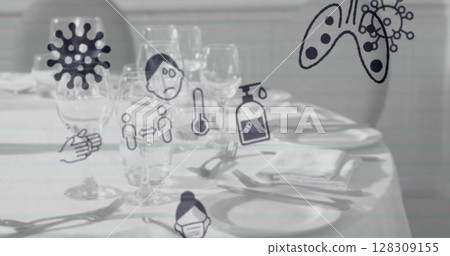 Image of multiple Covid 19 coronavirus icons moving over set table in the background 128309155