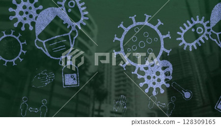 Image of multiple Covid 19 coronavirus icons moving over cityscape on green background 128309165