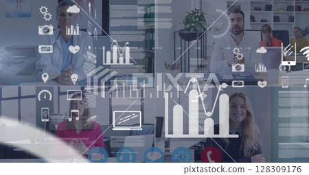 Image of digital interface with icons on computer screen with people talking on image call and stati 128309176