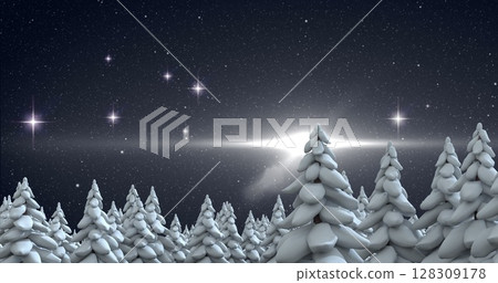 Image of winter scenery with fir tress, glowing star and snow falling on dark blue background 128309178
