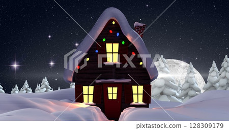 Image of winter scenery with house, fir trees, glowing star and snow falling on dark blue background 128309179