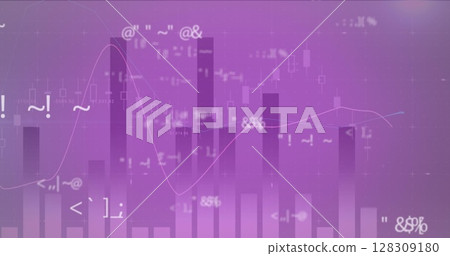 Image of digital interface with financial data processing and statistics recording on purple backgro 128309180
