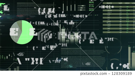 Image of digital interface with symbols changing, financial data processing and statistics recording Image of digital interface with symbols changing, financial data processing and statistics recording 128309189