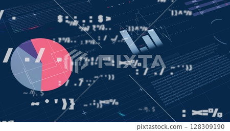 Image of digital interface with symbols changing, financial data processing and statistics recording Image of digital interface with symbols changing, financial data processing and statistics recording 128309190