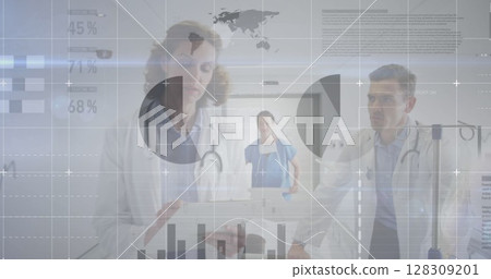Statistical data processing against male and female doctor discussing at hospital Statistical data processing against male and female doctor discussing at hospital 128309201
