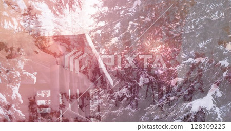 Digital composition of glowing spots of light against snow landscape with house and trees Digital composition of glowing spots of light against snow landscape with house and trees 128309225