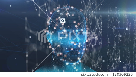 Image of human head spinning with digital interface data processing Image of human head spinning with digital interface data processing 128309226
