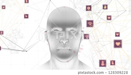 Image of human head spinning with digital interface connections networks 128309228