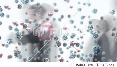 Image of covid 19 cells over people walking in busy office 128309233