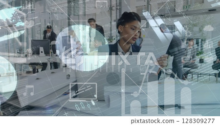 Digital composition of financial data processing against business people working in office Digital composition of financial data processing against business people working in office 128309277