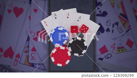 Image of casino chips, dice and playing cards over smartphone Image of casino chips, dice and playing cards over smartphone 128309299