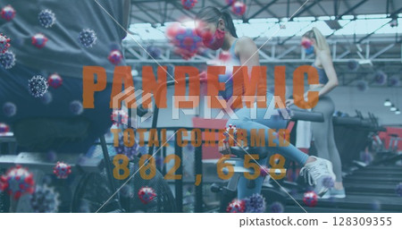 Pandemic text with increasing cases against woman adjusting seat of stationary bike at gym Pandemic text with increasing cases against woman adjusting seat of stationary bike at gym 128309355