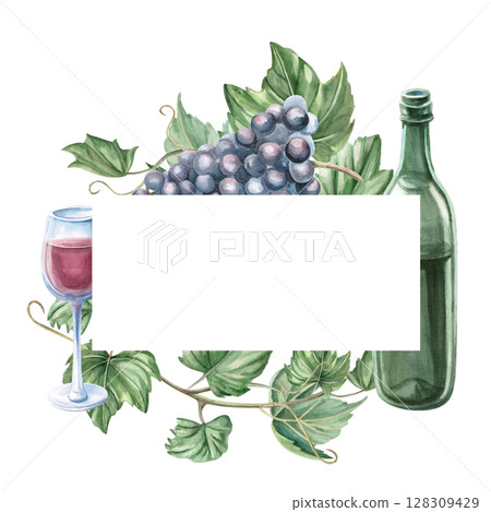 Round frame with bunches of ripe dark grapes. Isolated watercolor illustration for design of wine labels, signs for bars and restaurants, menus, printing on postcards and posters. 128309429