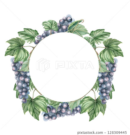 Wreath with bunches of ripe dark grapes. Isolated watercolor illustration for design of wine labels, signs for bars and restaurants, menus, printing on postcards and posters. 128309445
