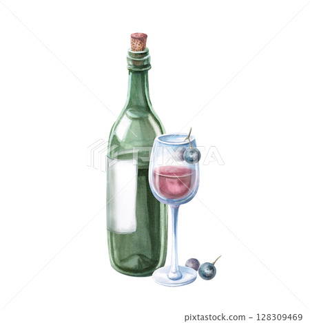 Glass of red wine, bottle and grapes. Isolated watercolor illustration in realistic style for bar menu design, restaurant interior, printing on alcoholic beverages, printing on textiles 128309469