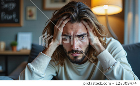 Portrait of a frustrated young man holding his head with both hands, sitting indoors on a couch Generic AI Image Portrait of a frustrated young man holding his head with both hands, sitting indoors on a couch Generic AI Image 128309474