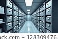 Long corridor with rows of organized filing cabinets in a clean, high-tech archive or data storage facility - Generic AI Image 128309476