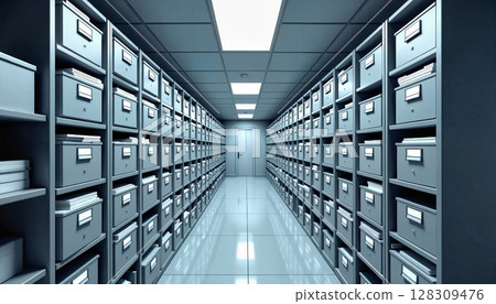 Long corridor with rows of organized filing cabinets in a clean, high-tech archive or data storage facility - Generic AI Image 128309476